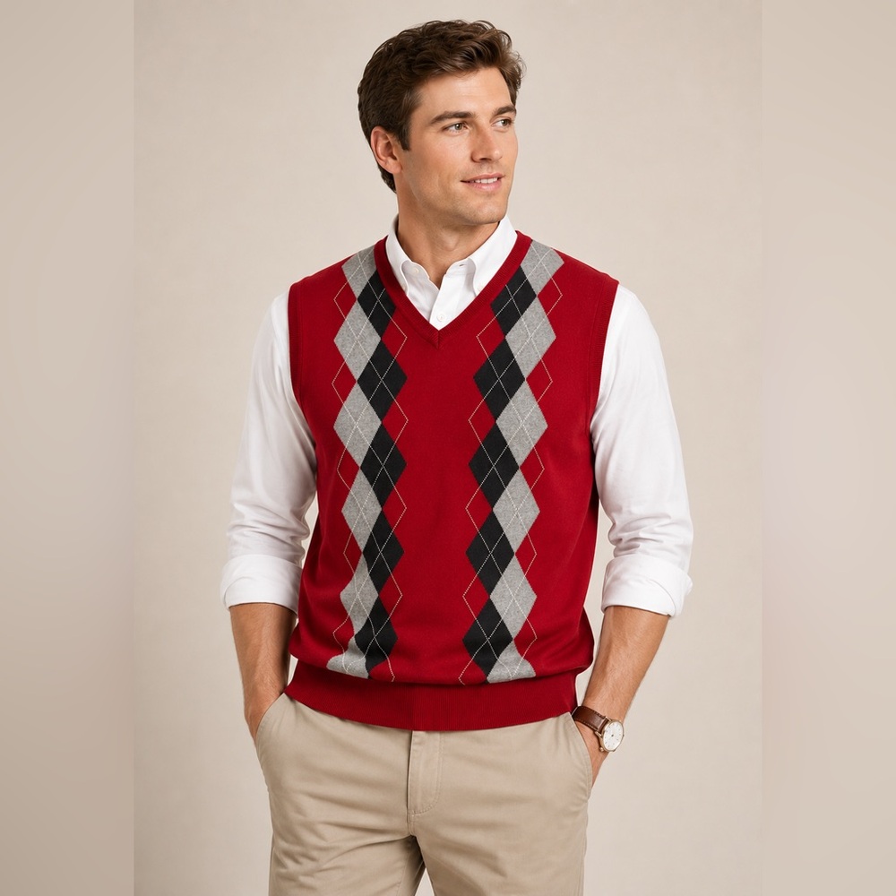 Roundtree & Yorke Red Argyle Sweater Vest 2XT Tall 100% Cotton Classic Knit